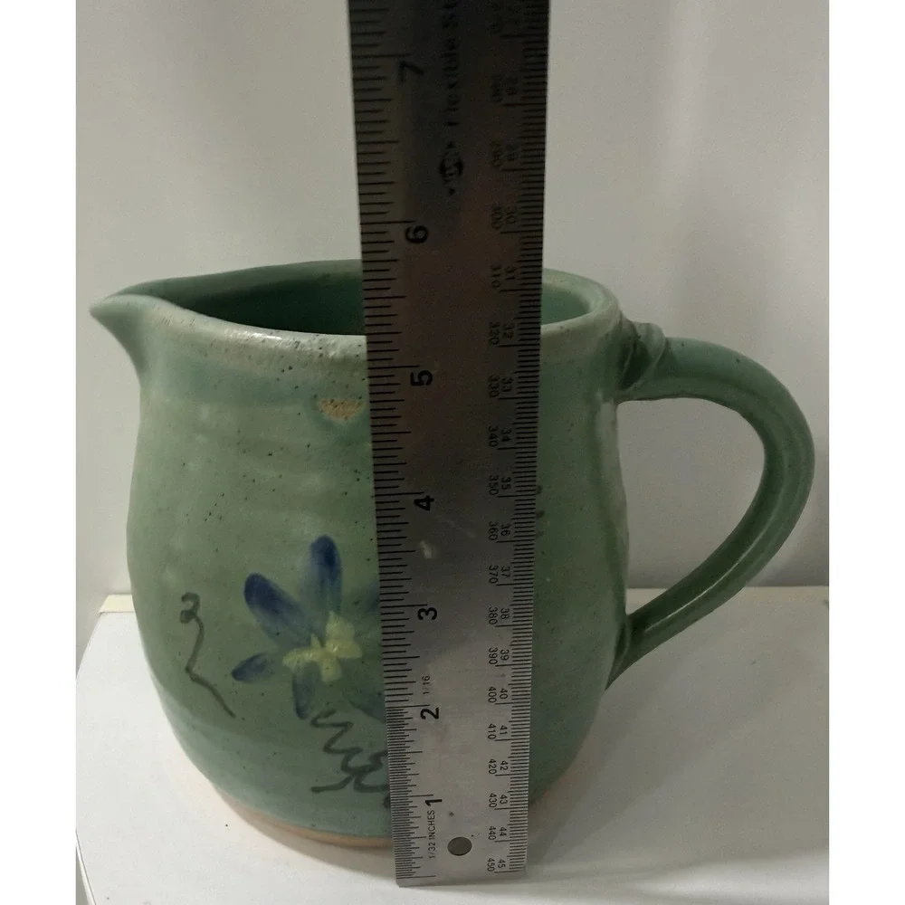 Vintage Signed Art Pottery Pitcher Stoneware Farmhouse Hand Painted Floral